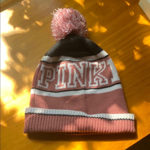PINK Victoria's Secret Accessories - Pink and Black Knit Beanie with Pom Pom